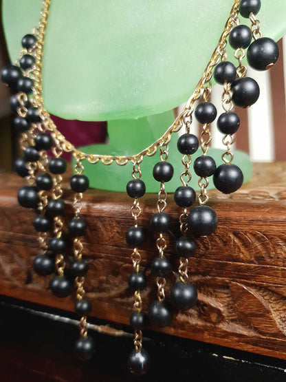 Vintage 1960s Black Bead Statement Necklace Cascading Bib