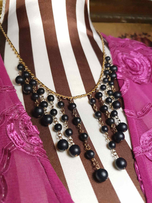 Vintage 1960s Black Bead Statement Necklace Cascading Bib