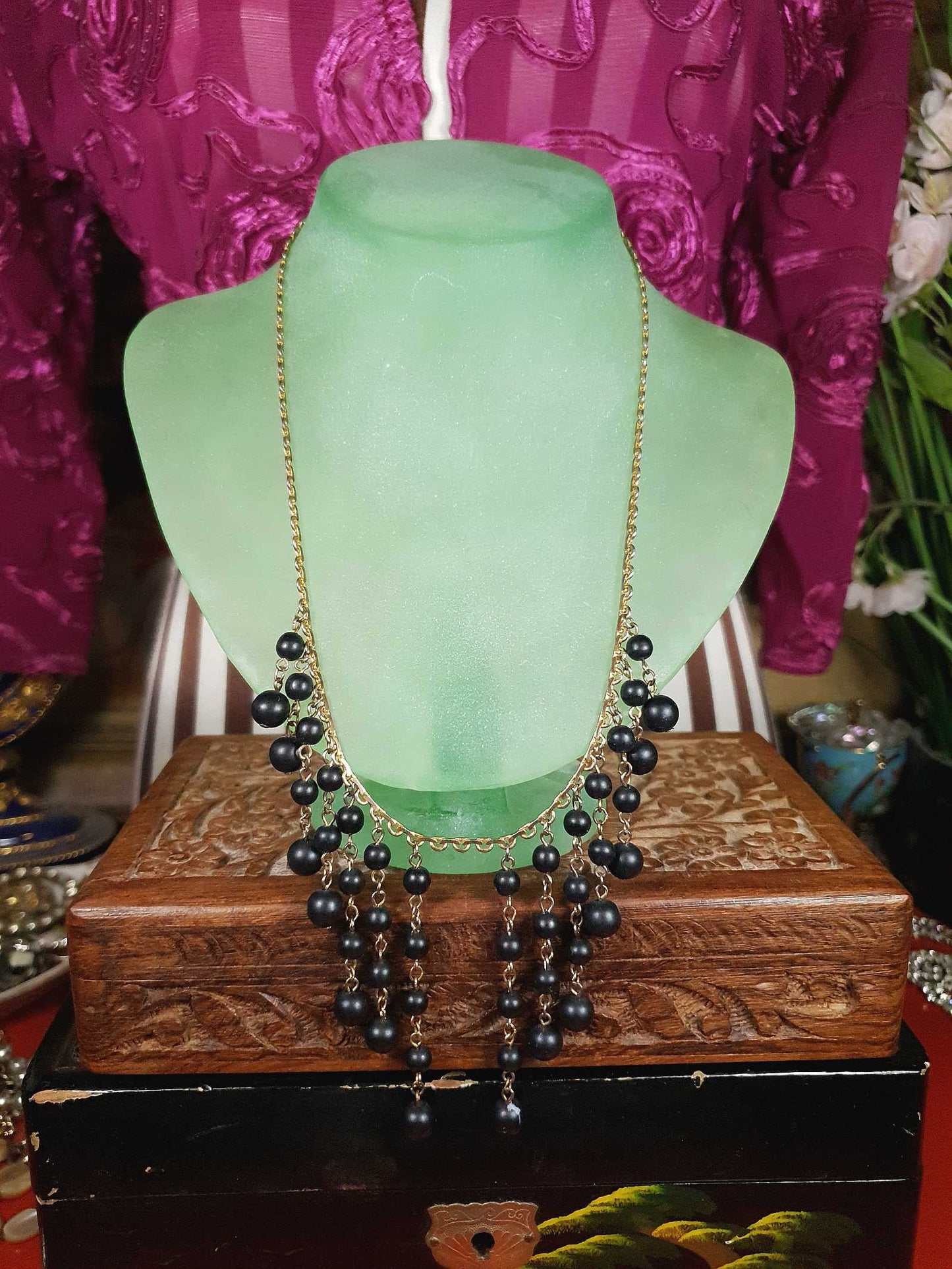 Vintage 1960s Black Bead Statement Necklace Cascading Bib