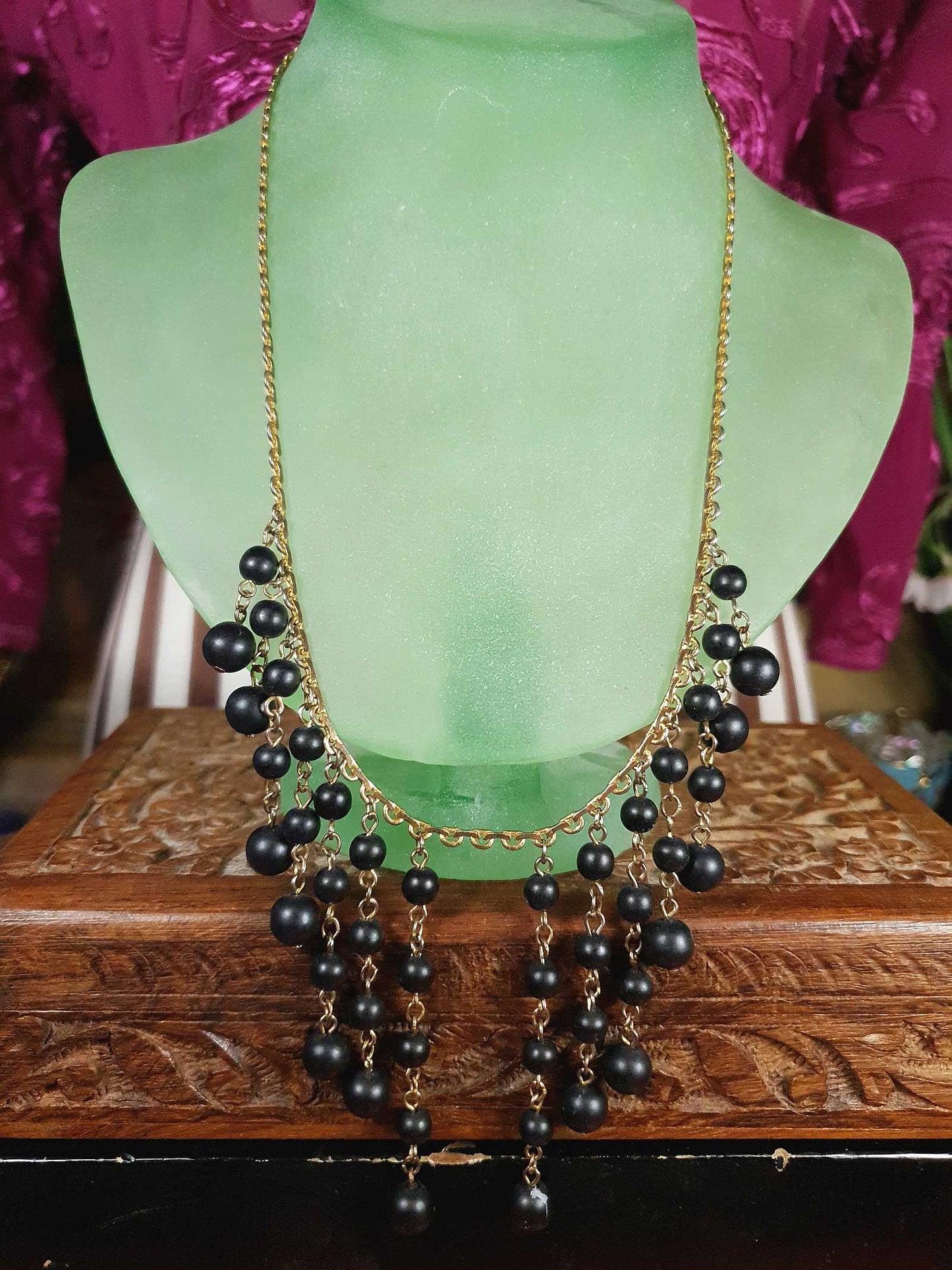 Vintage 1960s Black Bead Statement Necklace Cascading Bib