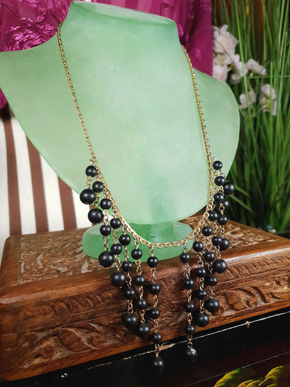 Vintage 1960s Black Bead Statement Necklace Cascading Bib