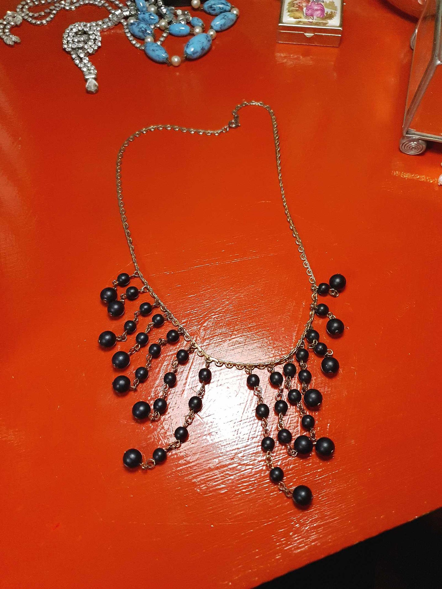 Vintage 1960s Black Bead Statement Necklace Cascading Bib