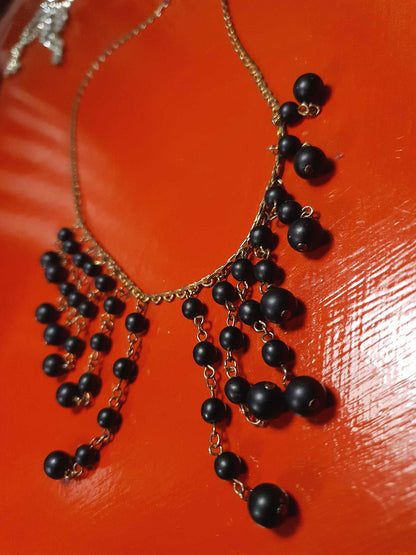 Vintage 1960s Black Bead Statement Necklace Cascading Bib