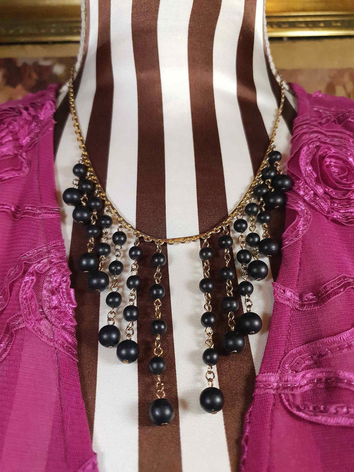 Vintage 1960s Black Bead Statement Necklace Cascading Bib