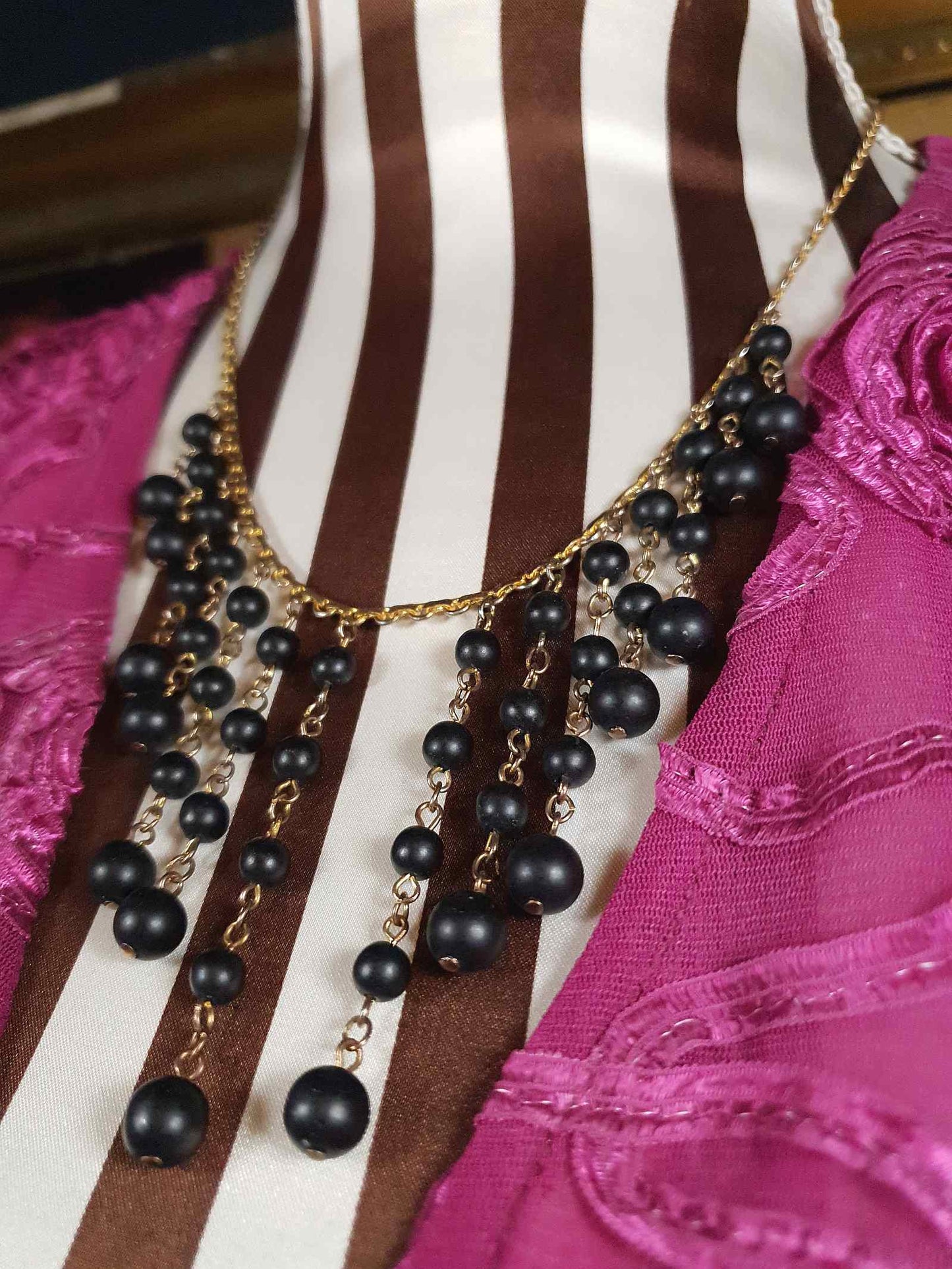Vintage 1960s Black Bead Statement Necklace Cascading Bib