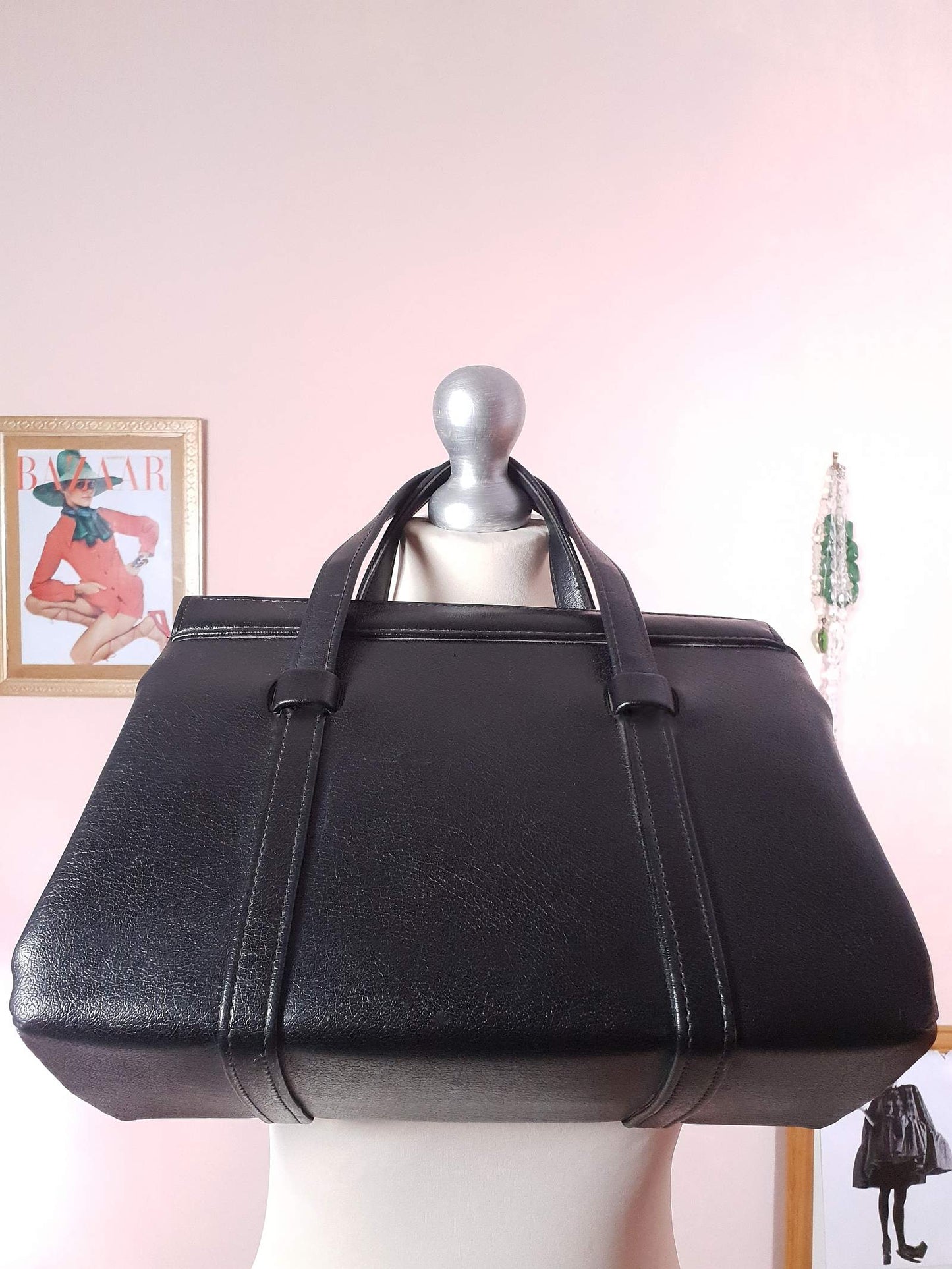 Vintage 1960s Black Handbag Tote Retro Bag Top Handle