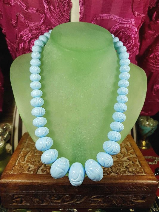 Vintage 1960s Blue Carved Resin Necklace 18.5" Retro