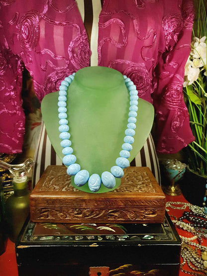 Vintage 1960s Blue Carved Resin Necklace 18.5" Retro