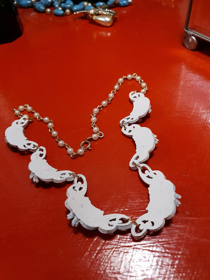 Vintage 1960s Carved Resin Necklace 17" White Floral Faux Pearl Gold Tone RARE