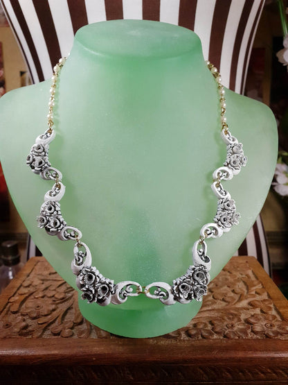 Vintage 1960s Carved Resin Necklace 17" White Floral Faux Pearl Gold Tone RARE
