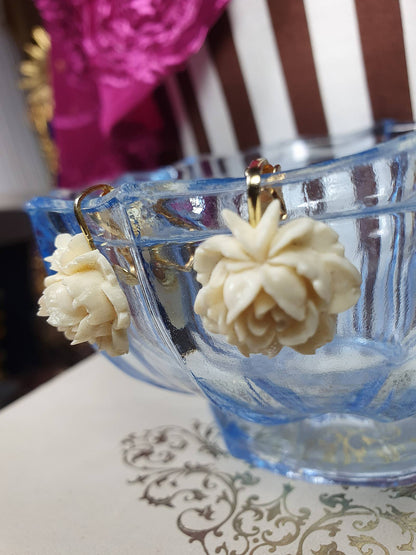 Vintage 1960s Carved Rose Earrings Cream Floral Flower Hong Kong Signed