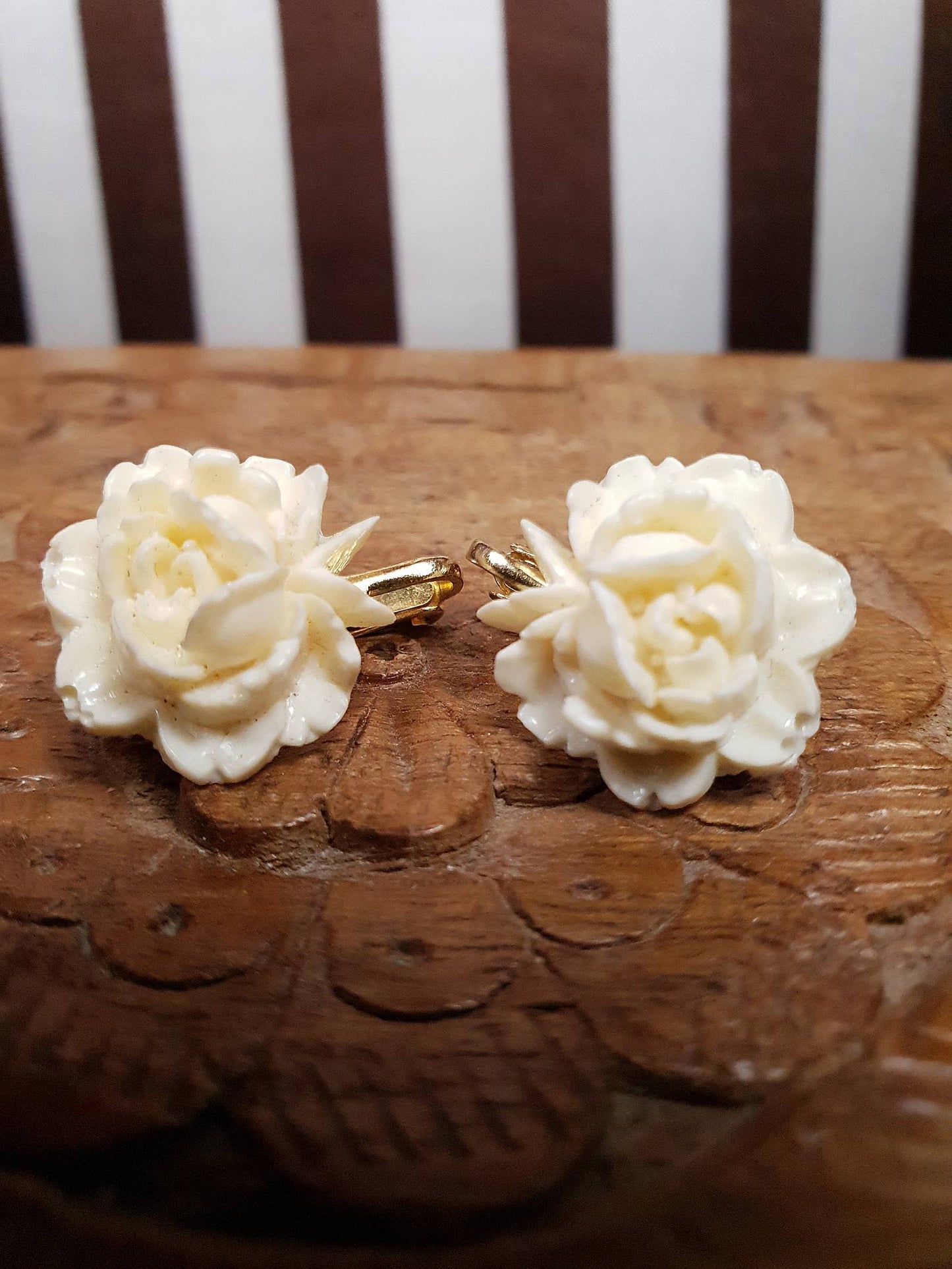 Vintage 1960s Carved Rose Earrings Cream Floral Flower Hong Kong Signed