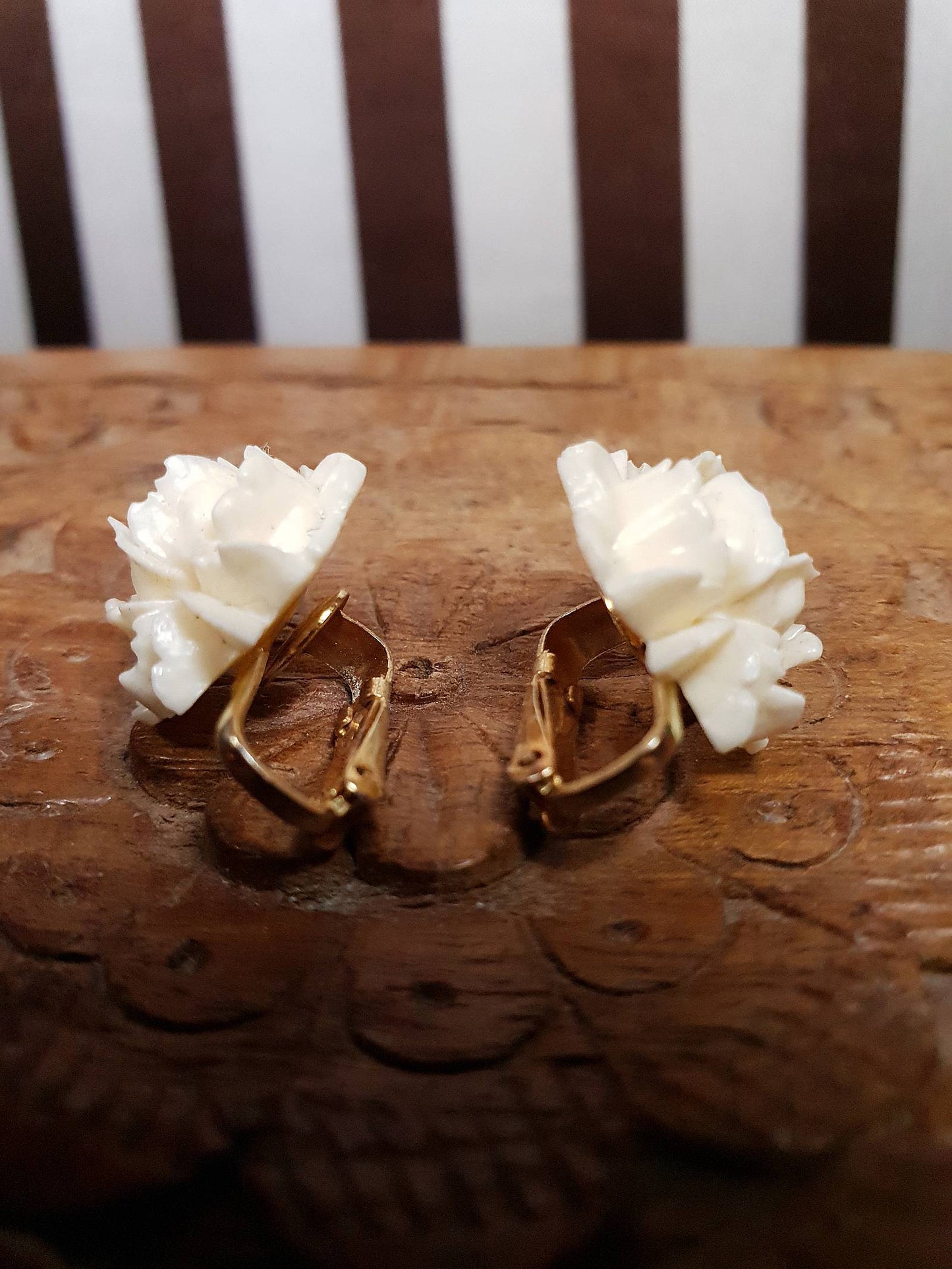 Vintage 1960s Carved Rose Earrings Cream Floral Flower Hong Kong Signed
