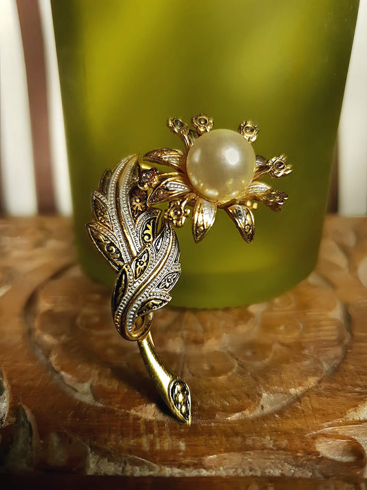 Vintage Damascene Brooch Flower Pearl Leaves Floral 1960s
