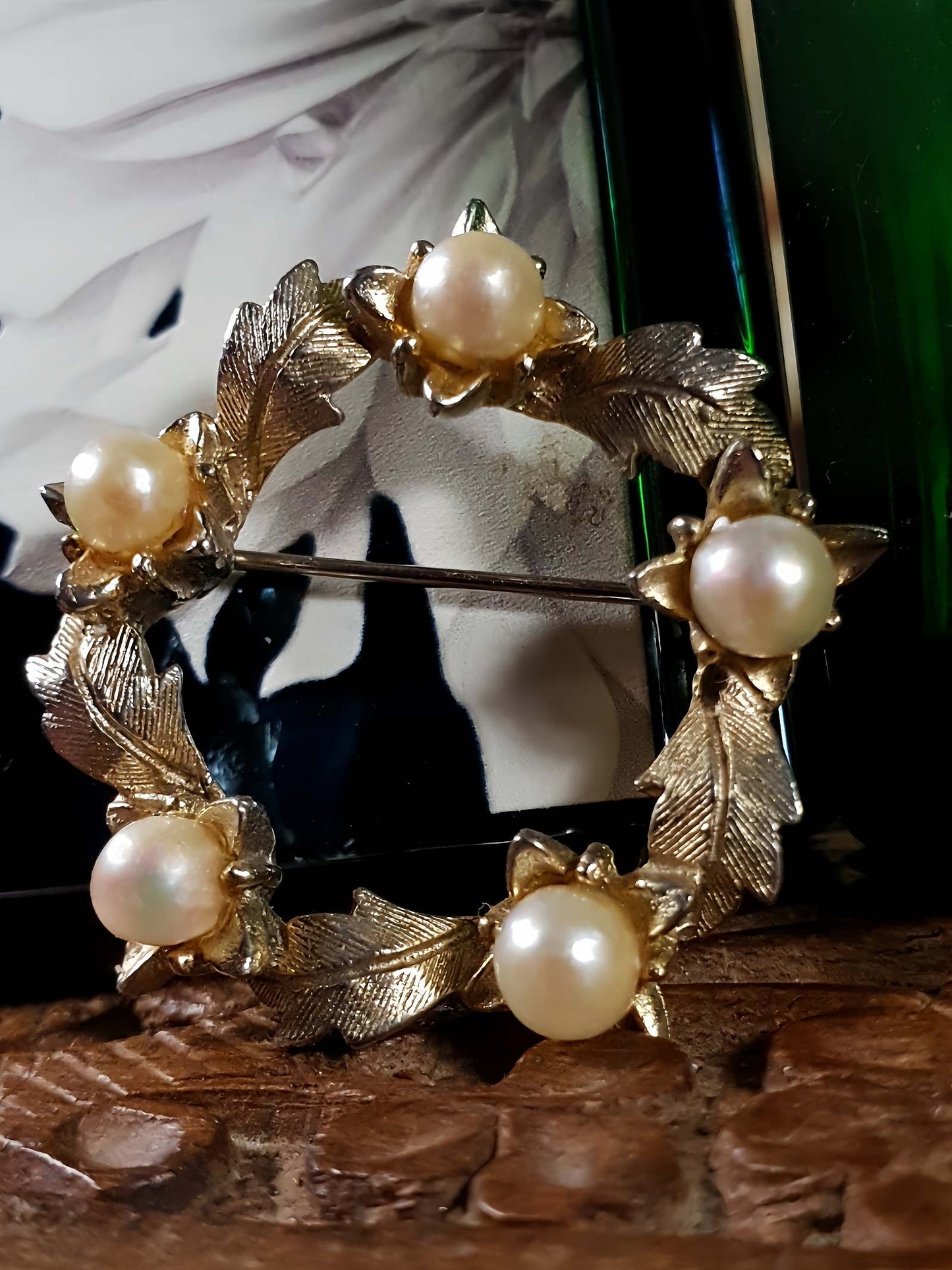 Vintage Faux Pearl Wreath Brooch Leaf Pin 1960s Gold Tone
