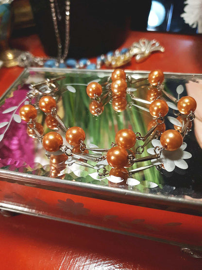 Vintage 1960s Glass Pearl Chain Necklace Bronze Pearls Retro
