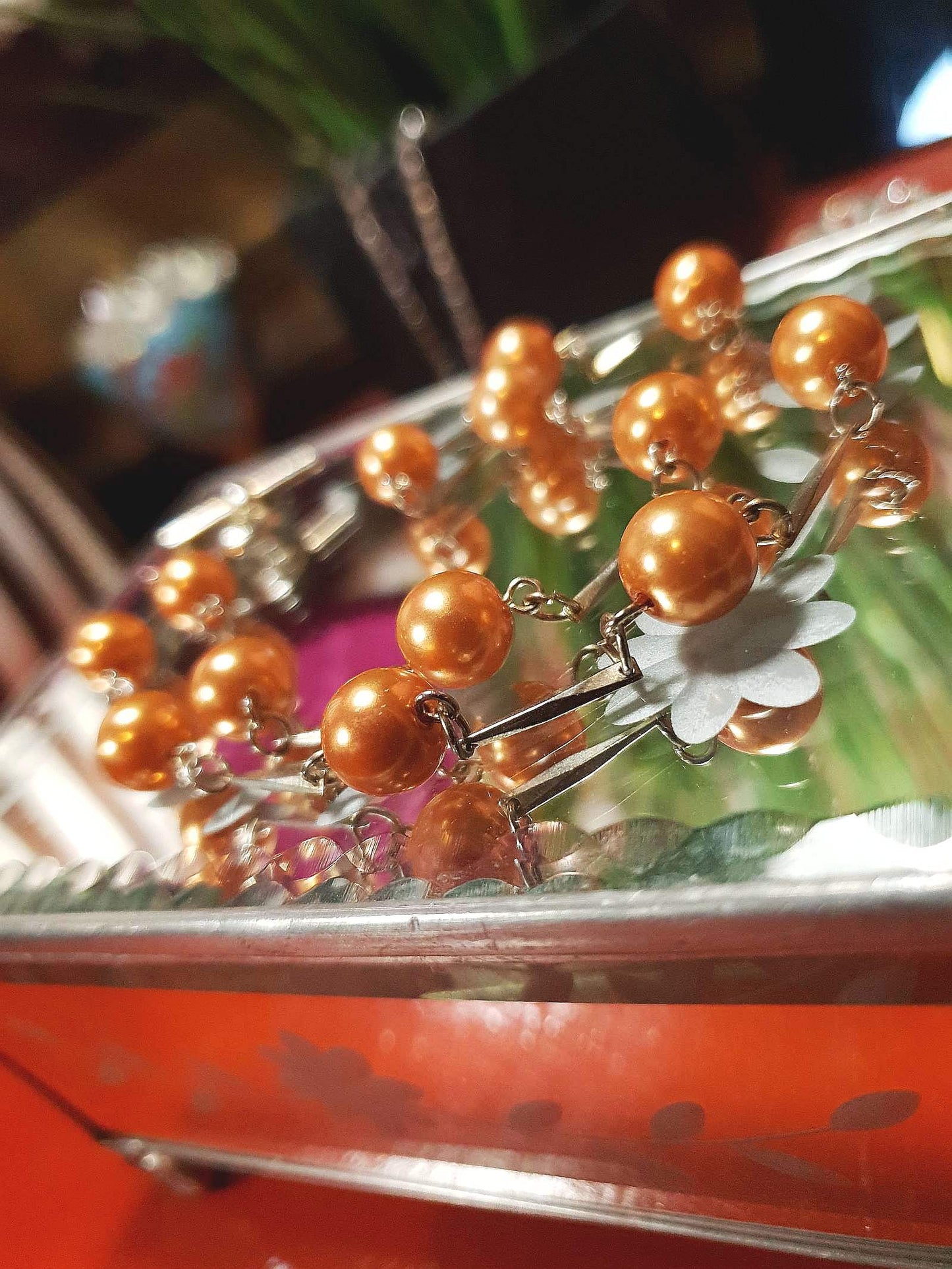 Vintage 1960s Glass Pearl Chain Necklace Bronze Pearls Retro