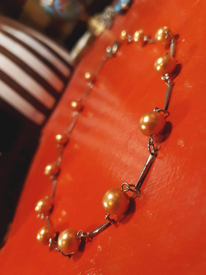 Vintage 1960s Glass Pearl Chain Necklace Bronze Pearls Retro