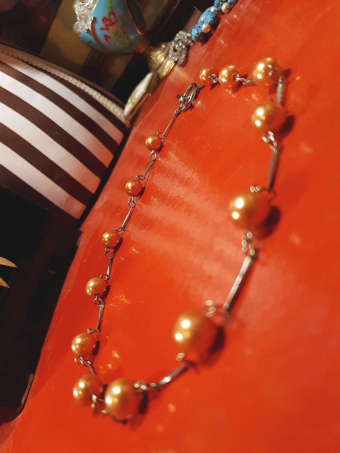 Vintage 1960s Glass Pearl Chain Necklace Bronze Pearls Retro