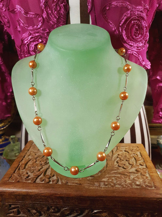 Vintage 1960s Glass Pearl Chain Necklace Bronze Pearls Retro