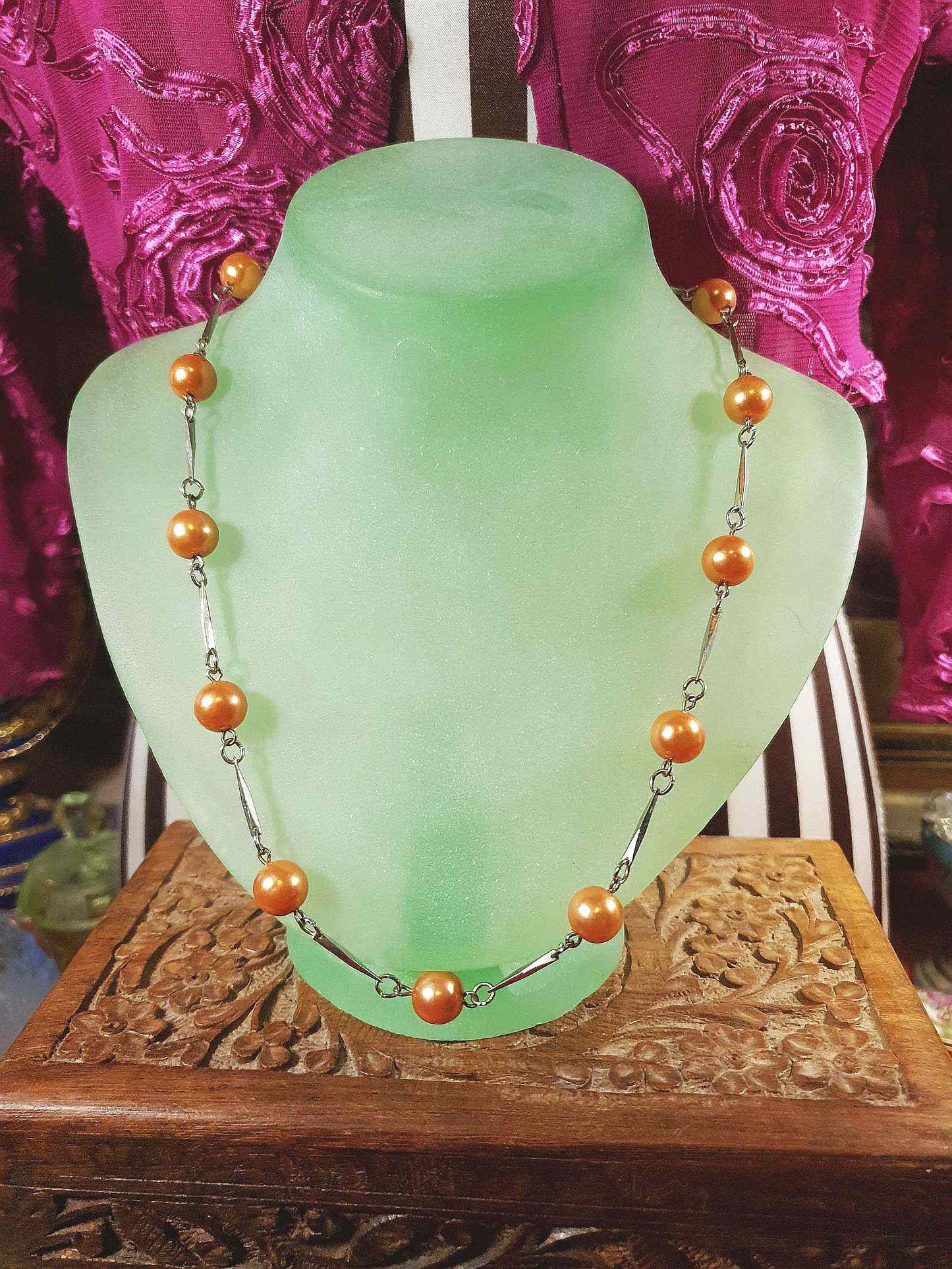 Vintage 1960s Glass Pearl Chain Necklace Bronze Pearls Retro
