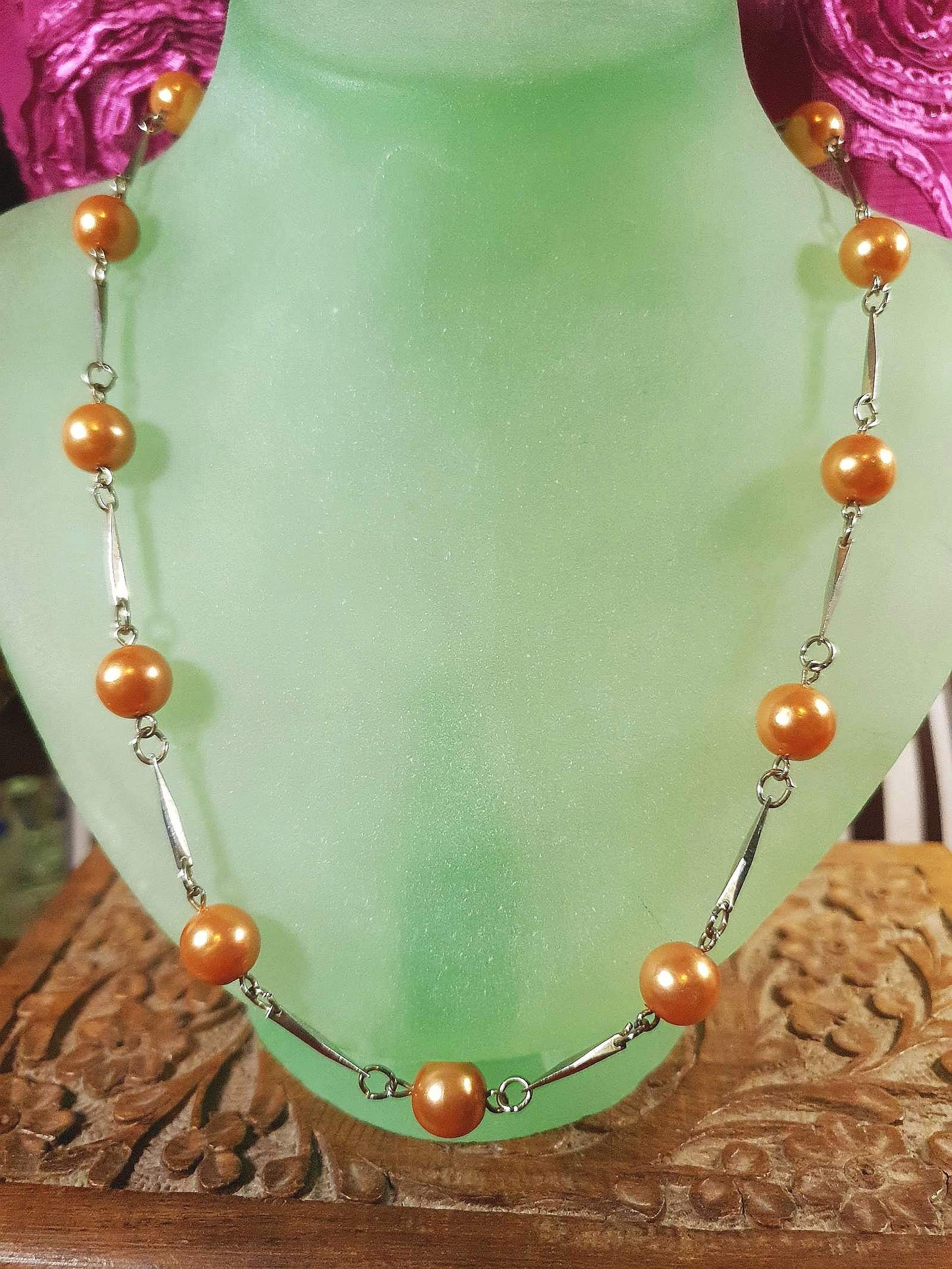 Vintage 1960s Glass Pearl Chain Necklace Bronze Pearls Retro