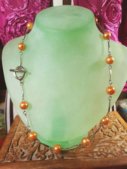 Vintage 1960s Glass Pearl Chain Necklace Bronze Pearls Retro
