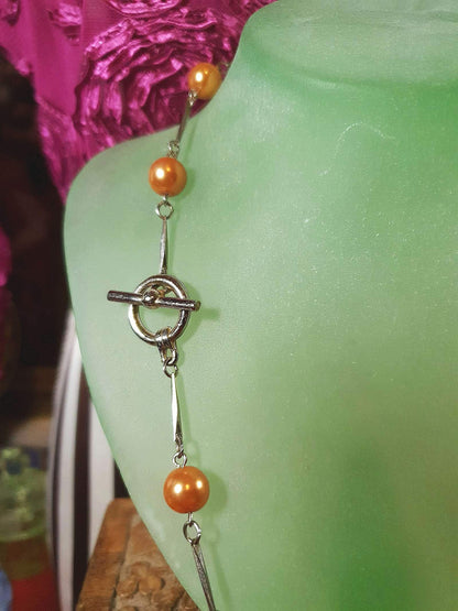 Vintage 1960s Glass Pearl Chain Necklace Bronze Pearls Retro