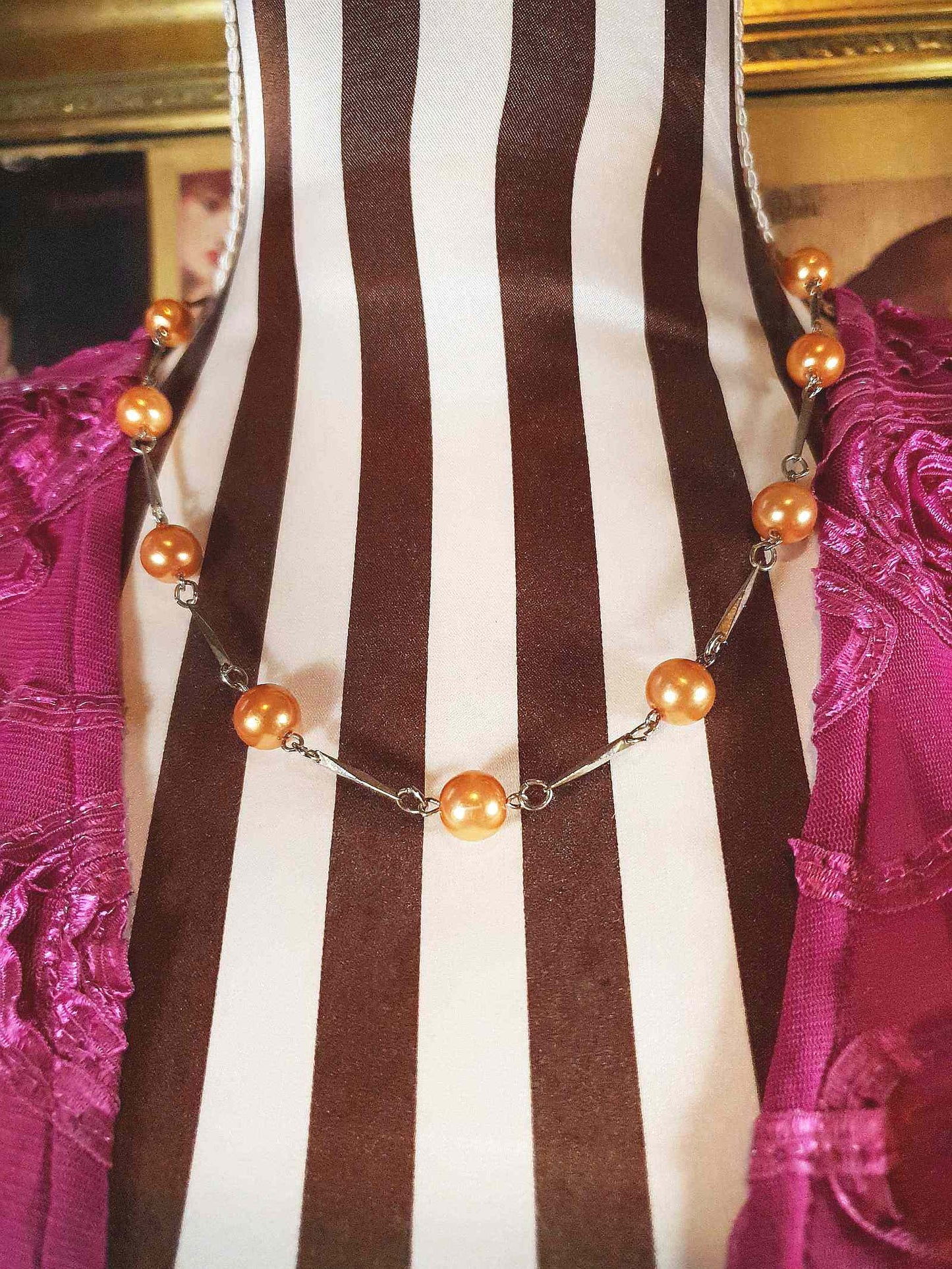 Vintage 1960s Glass Pearl Chain Necklace Bronze Pearls Retro