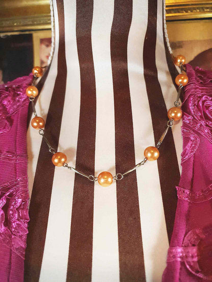 Vintage 1960s Glass Pearl Chain Necklace Bronze Pearls Retro