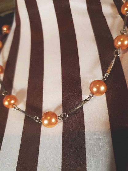 Vintage 1960s Glass Pearl Chain Necklace Bronze Pearls Retro