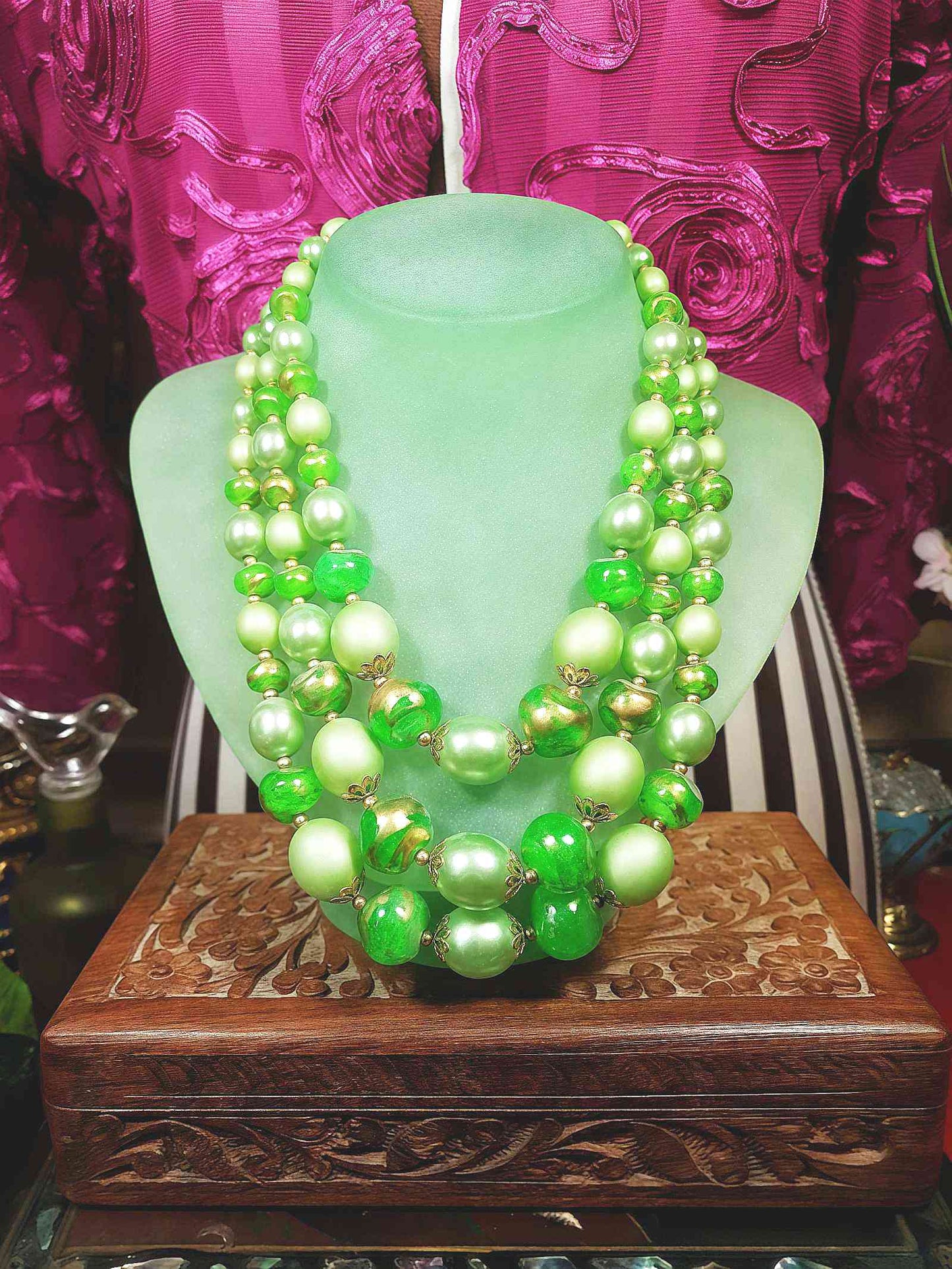 Vintage 1950s Green & Gold Necklace 19" Statement Three Tiers- Mid-Century