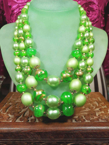 Vintage 1950s Green & Gold Necklace 19" Statement Three Tiers- Mid-Century