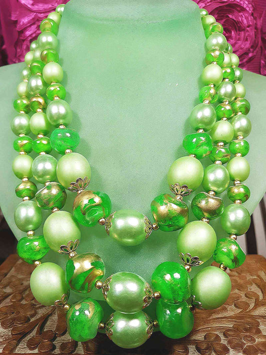 Vintage 1950s Green & Gold Necklace 19" Statement Three Tiers- Mid-Century