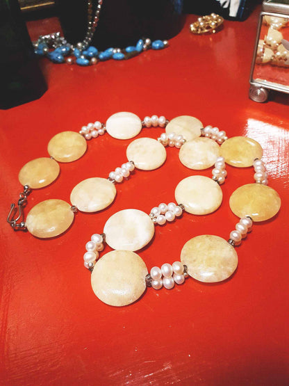 Vintage 1960s Honey Jasper Necklace 23" Gemstone Faux Pearl