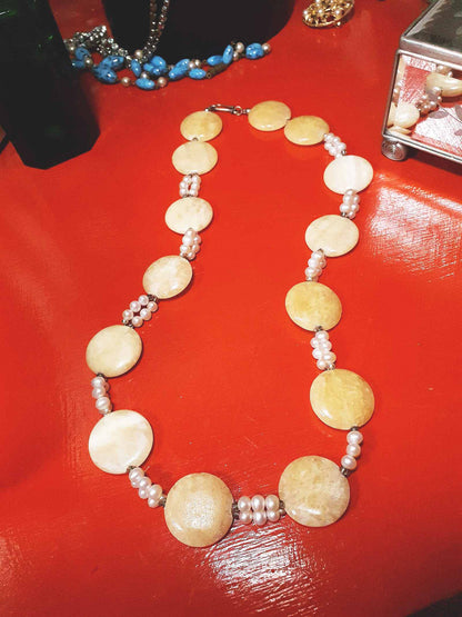 Vintage 1960s Honey Jasper Necklace 23" Gemstone Faux Pearl