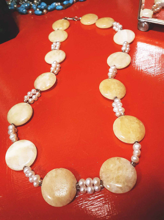 Vintage 1960s Honey Jasper Necklace 23" Gemstone Faux Pearl