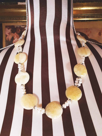 Vintage 1960s Honey Jasper Necklace 23" Gemstone Faux Pearl