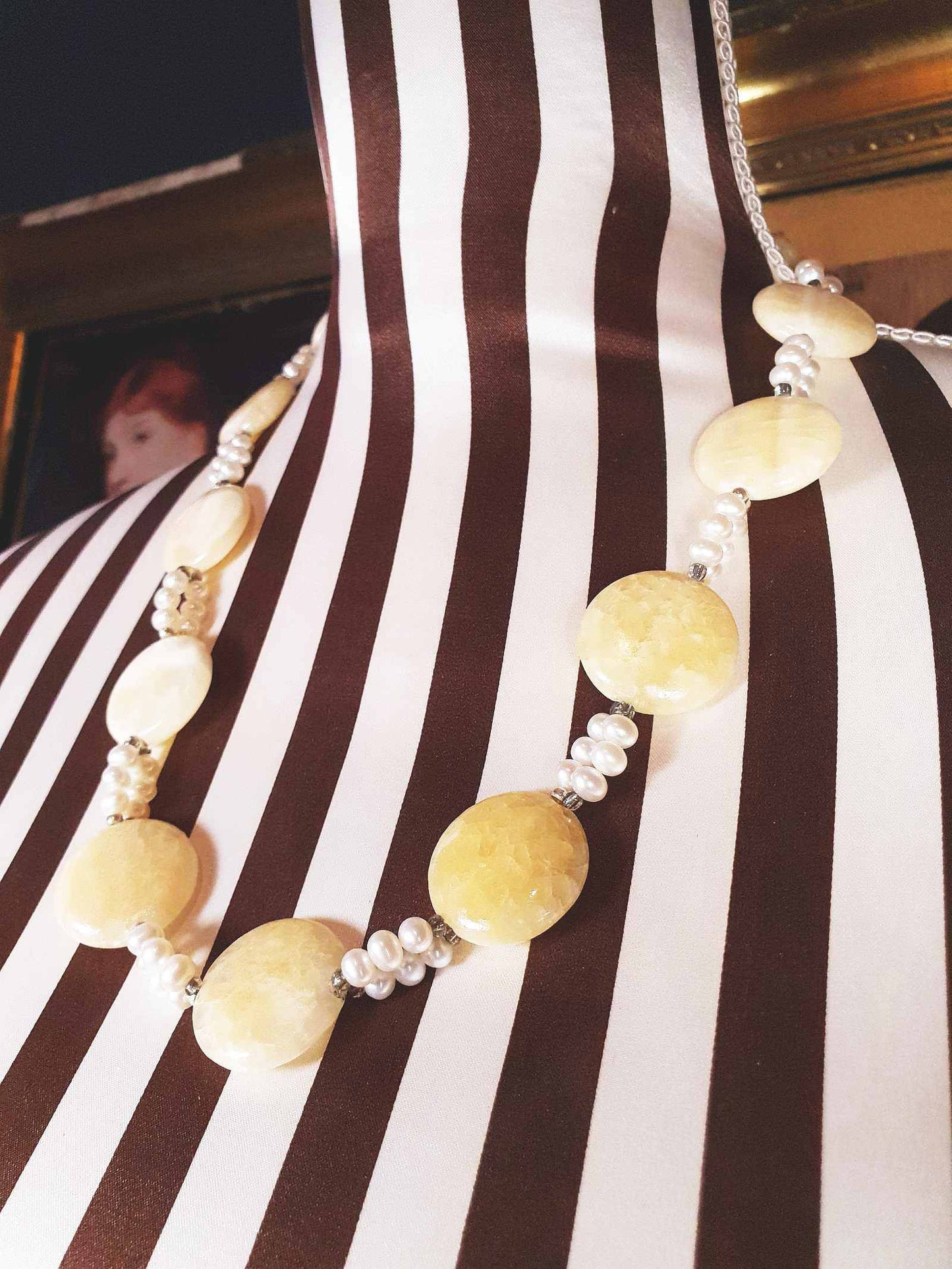 Vintage 1960s Honey Jasper Necklace 23" Gemstone Faux Pearl