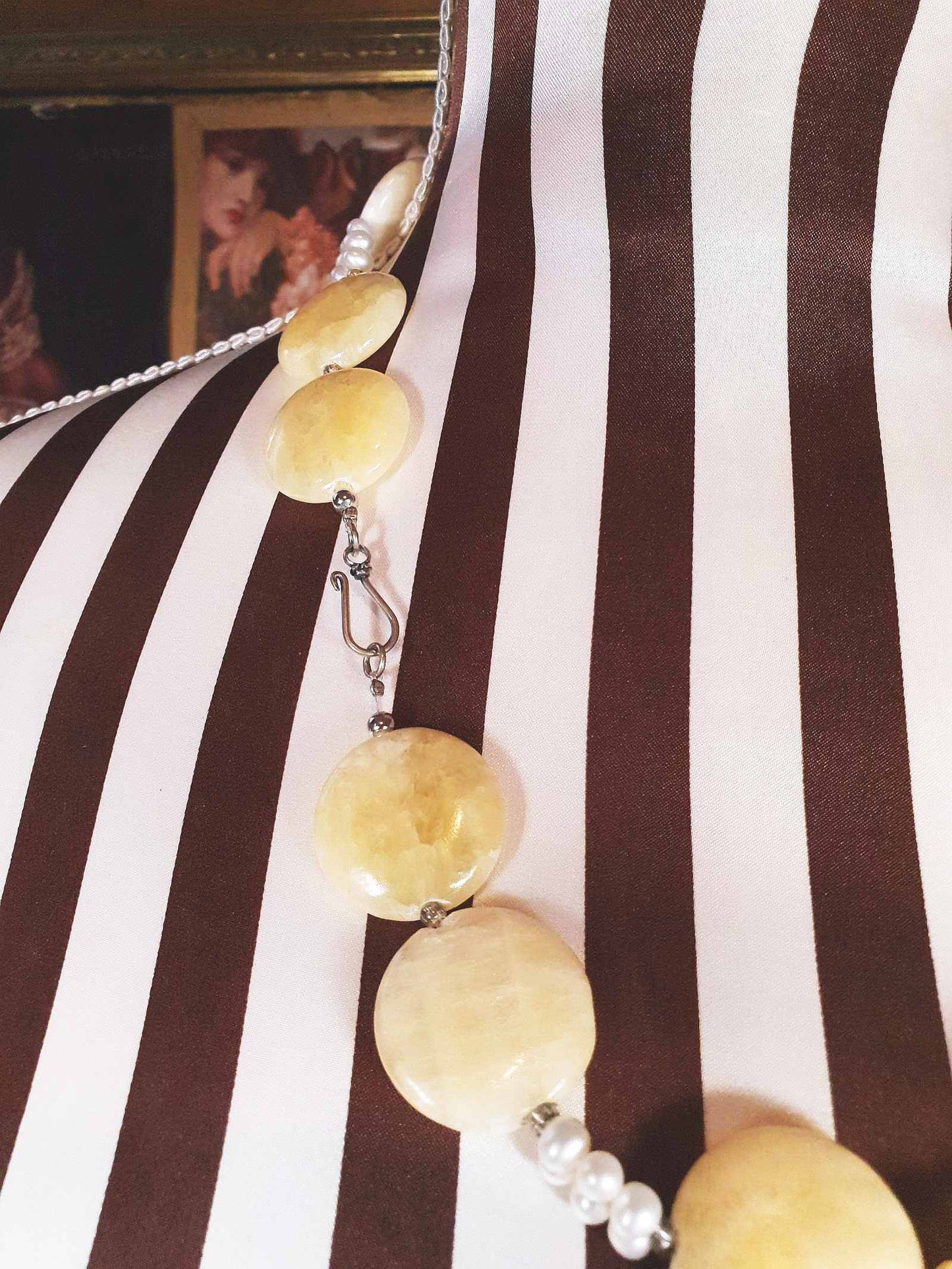Vintage 1960s Honey Jasper Necklace 23" Gemstone Faux Pearl