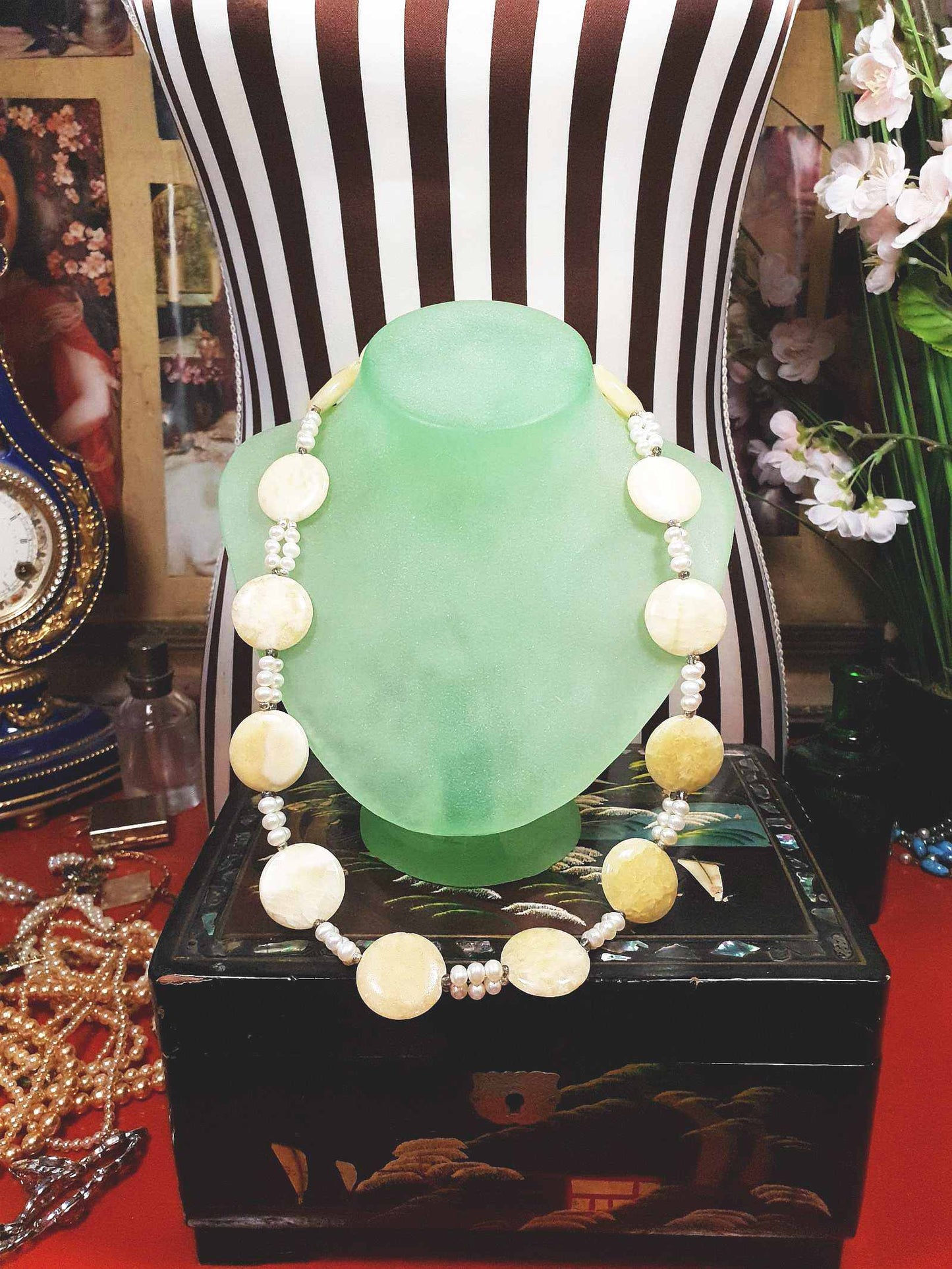 Vintage 1960s Honey Jasper Necklace 23" Gemstone Faux Pearl