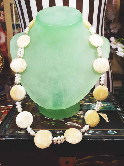 Vintage 1960s Honey Jasper Necklace 23" Gemstone Faux Pearl