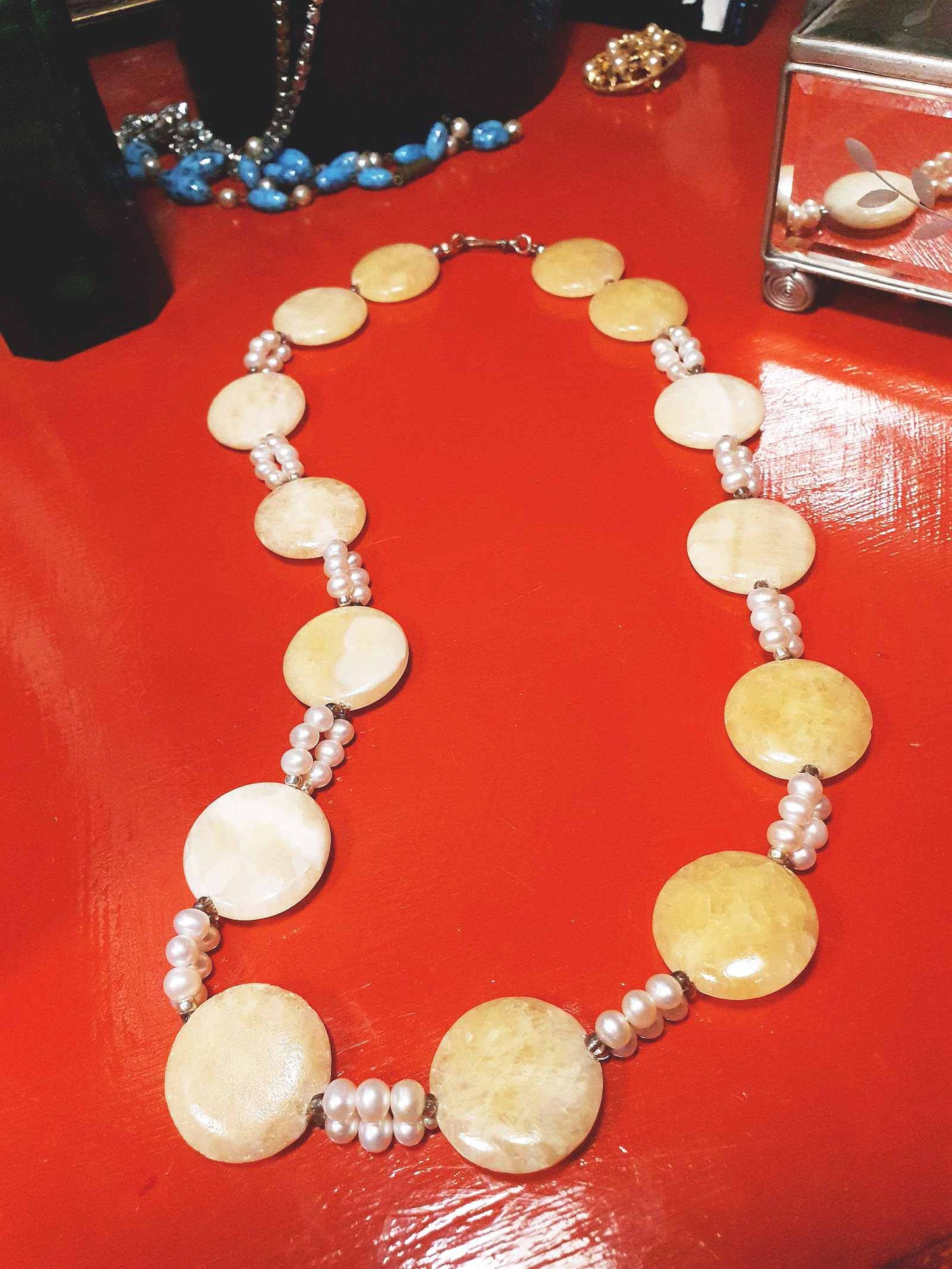 Vintage 1960s Honey Jasper Necklace 23" Gemstone Faux Pearl