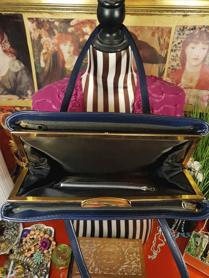 Vintage 1960s Navy Blue Handbag Tote Large Bag Retro