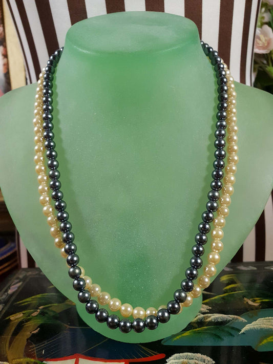 Vintage 1960s Faux Pearl Necklace 18" Cream Grey Pearls Double Strand