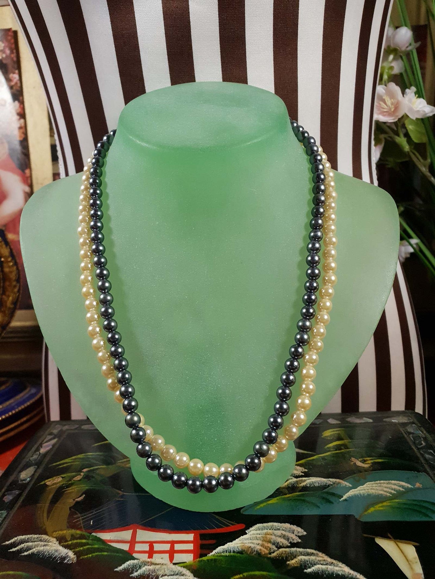 Vintage 1960s Faux Pearl Necklace 18" Cream Grey Pearls Double Strand