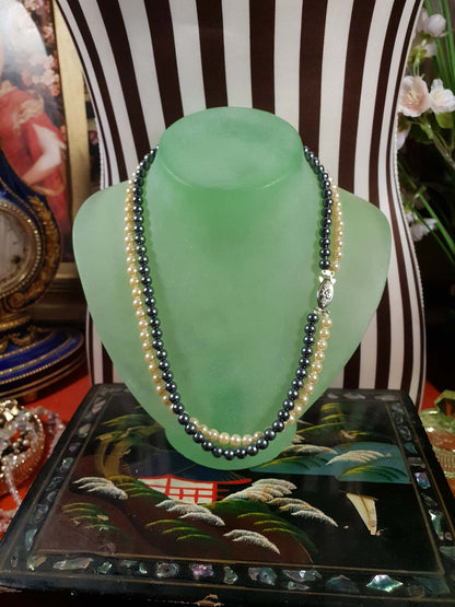 Vintage 1960s Faux Pearl Necklace 18" Cream Grey Pearls Double Strand