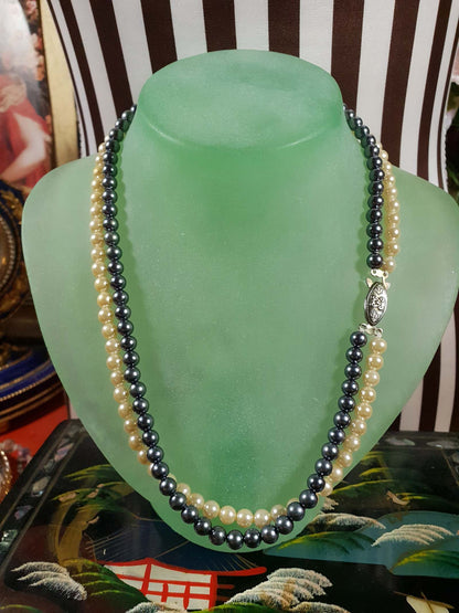 Vintage 1960s Faux Pearl Necklace 18" Cream Grey Pearls Double Strand