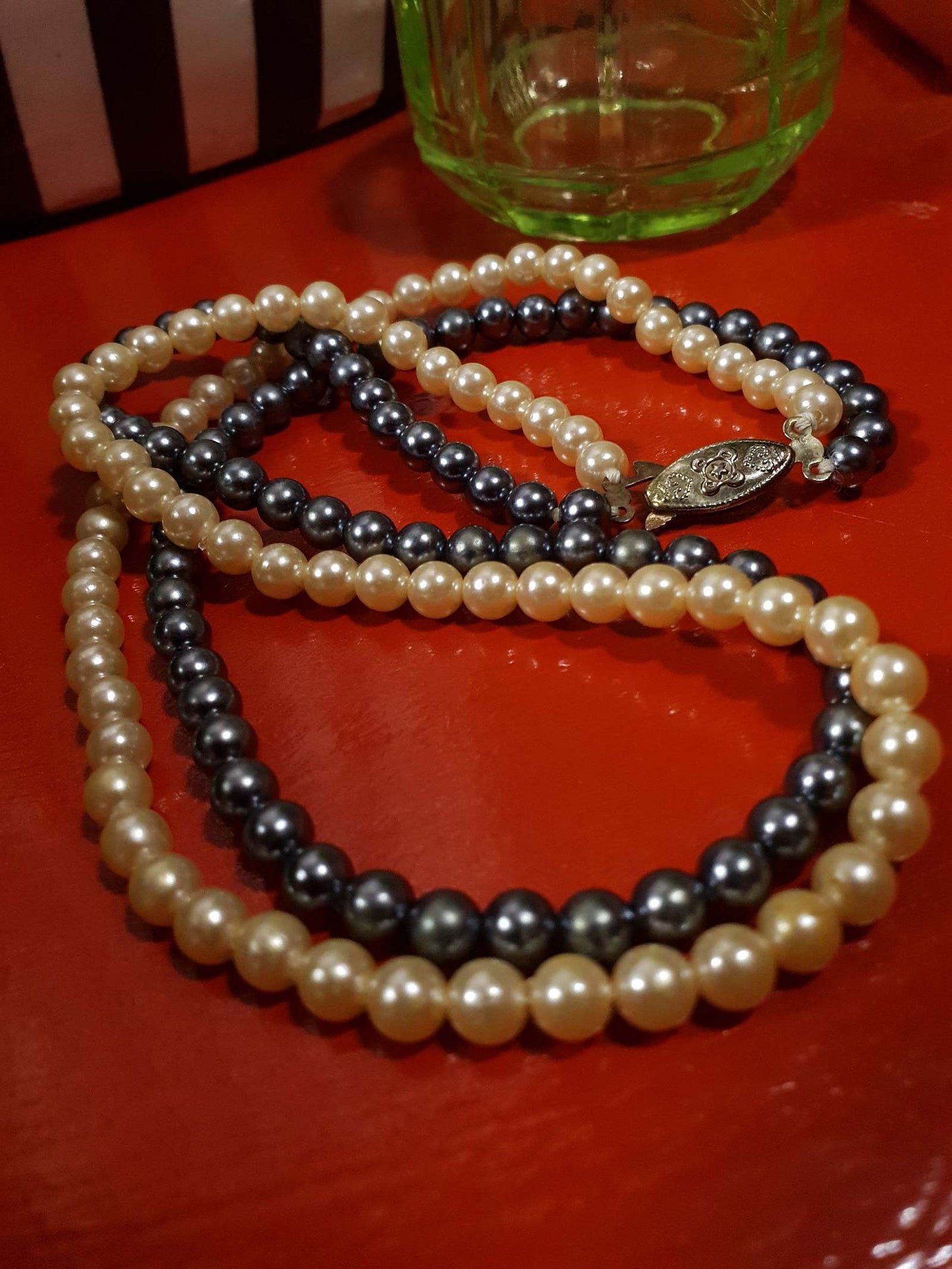 Vintage 1960s Faux Pearl Necklace 18" Cream Grey Pearls Double Strand