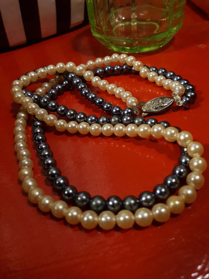 Vintage 1960s Faux Pearl Necklace 18" Cream Grey Pearls Double Strand